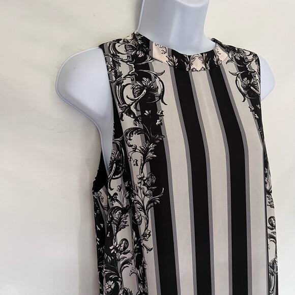 Bar III Stripe Shift Dress Sz M Black Cream Floral Mod Retro Chic Cocktail 60s - Picture 3 of 13